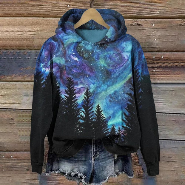 Vintage Forest Silhouette And Starry Sky Print Hoodie