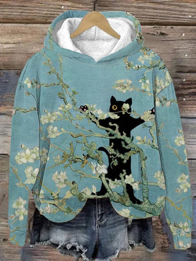 Van Gogh Almond Blossom Still Life Black Cat Print Hoodie