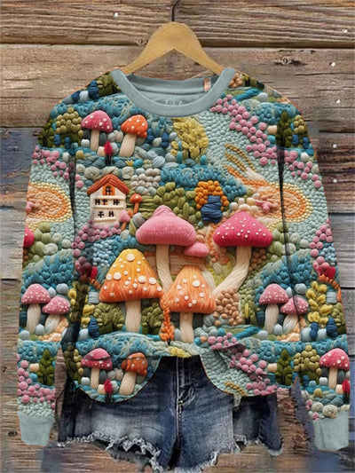 Mushroom Home Pattern Crew Neck Sweatshirt