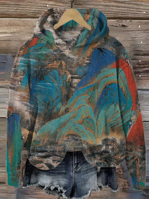 Women's Vintage Chinese Landscape Art Pattern Print Hoodie