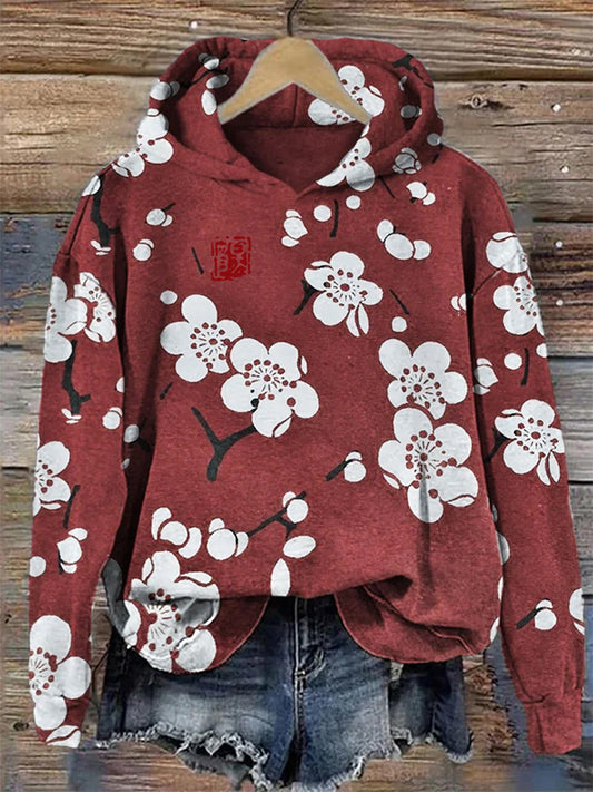 Women's Retro Japanese Plum Blossom Lino Art Cozy Hoodie