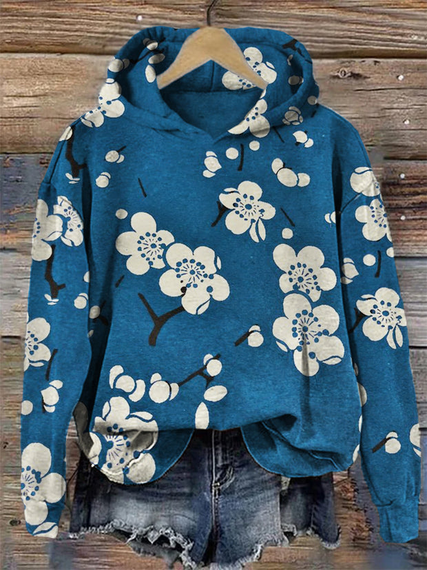 Plum Blossom Japanese Lino Art Cozy Hoodie