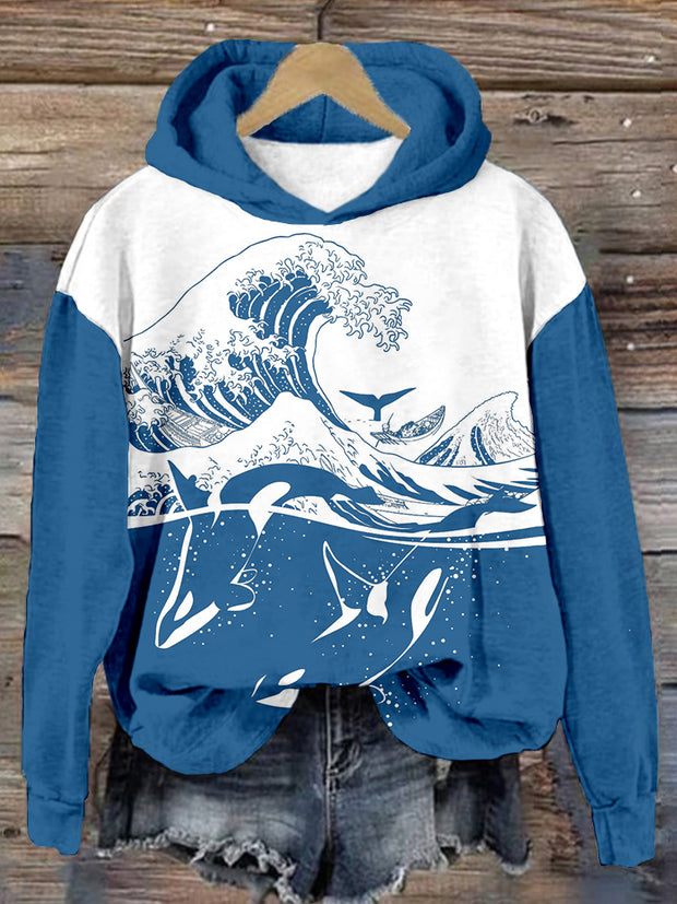 The Wave with Killer Whale Art Contrast Cozy Hoodie
