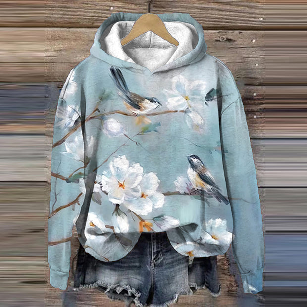 Women's Flower And Bird Art Painting Print Long Sleeve Hoodie