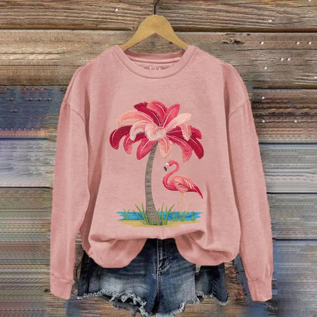 Retro Coconut Tree Flamingo Print Casual Crew Neck Sweatshirt