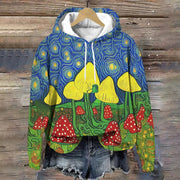 Moonlight Star Forest Mushrooms Painting Printed Long Sleeve Hoodie