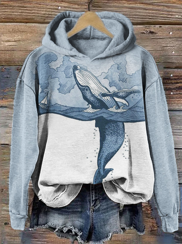 Whale Art Contrast Color Cozy Washed Hoodie