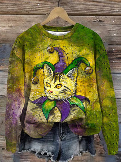 Retro Mardi Gras Cat Oil Painting Print Sweatshirt