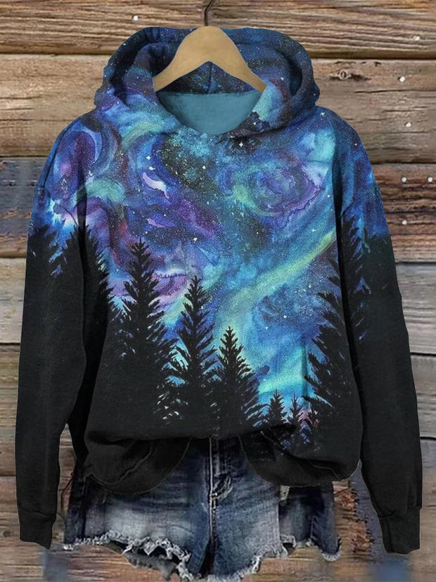 Vintage Forest Silhouette And Starry Sky Print Hoodie