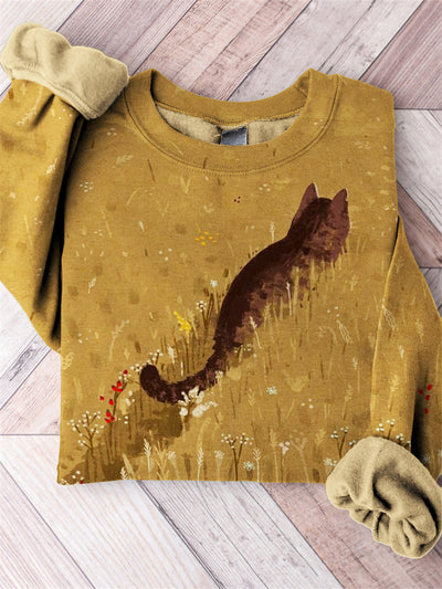 Cat in Field Art Cozy Sweatshirt