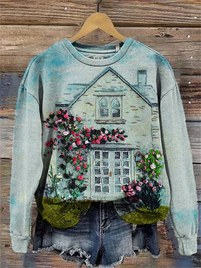 Cottage Floral Embroidery Art Comfy Sweatshirt