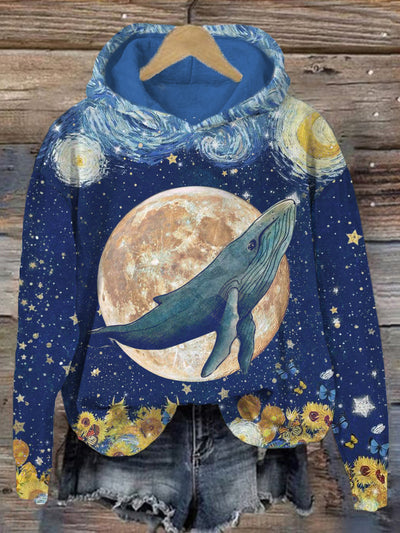 Starry Night Inspired Whale Art Graphic Comfy Hoodie