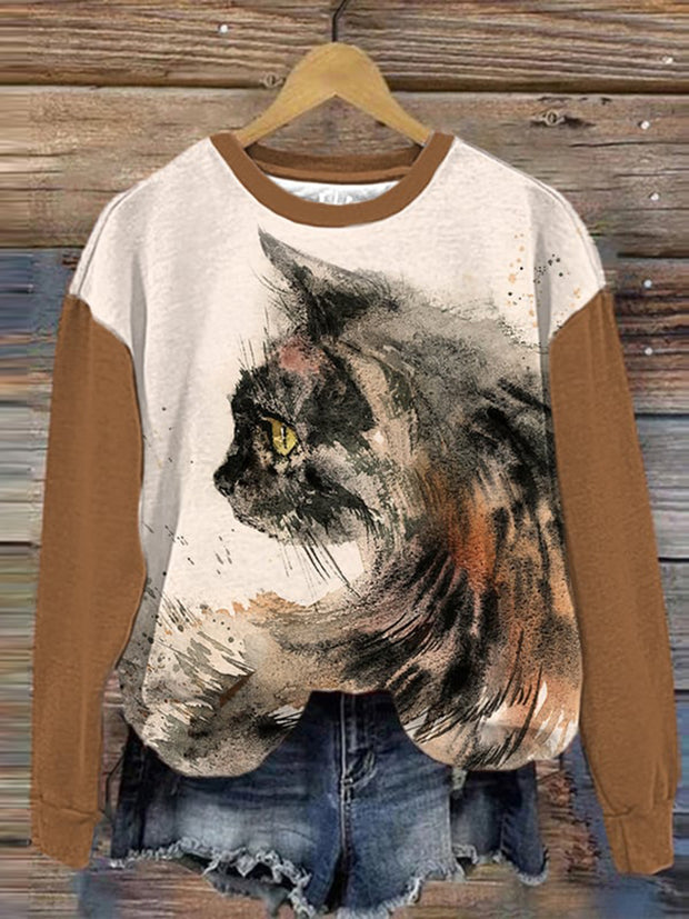 Cat Print Patchwork Sleeve Casual Sweatshirt