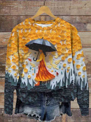 Retro Colorful Girl Holding Umbrella Art Print Casual Crew Neck Sweatshirt