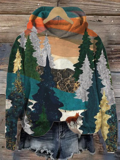 Women's Multicolor Pine Trees Graphic Print Hooded Sweatshirt