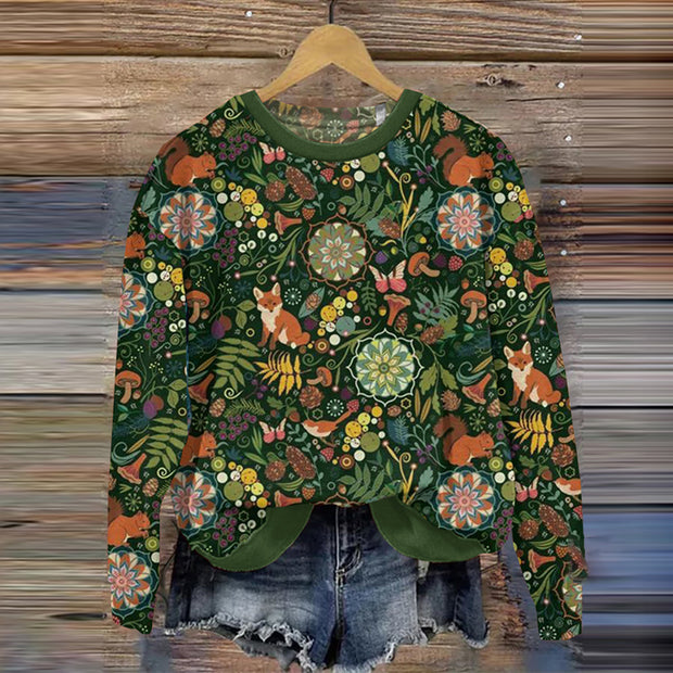 Forest And Fox Art Printing Casual Round Neck Sweatshirt
