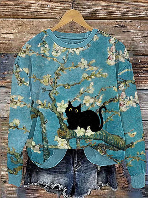 Almond Blossom Cat Art Painting Print Cotton Cozy Sweatshirt