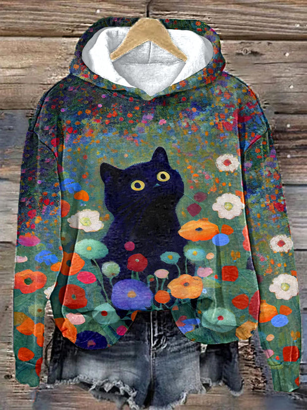 Funny Black Cat Art Floral Print Hoodie