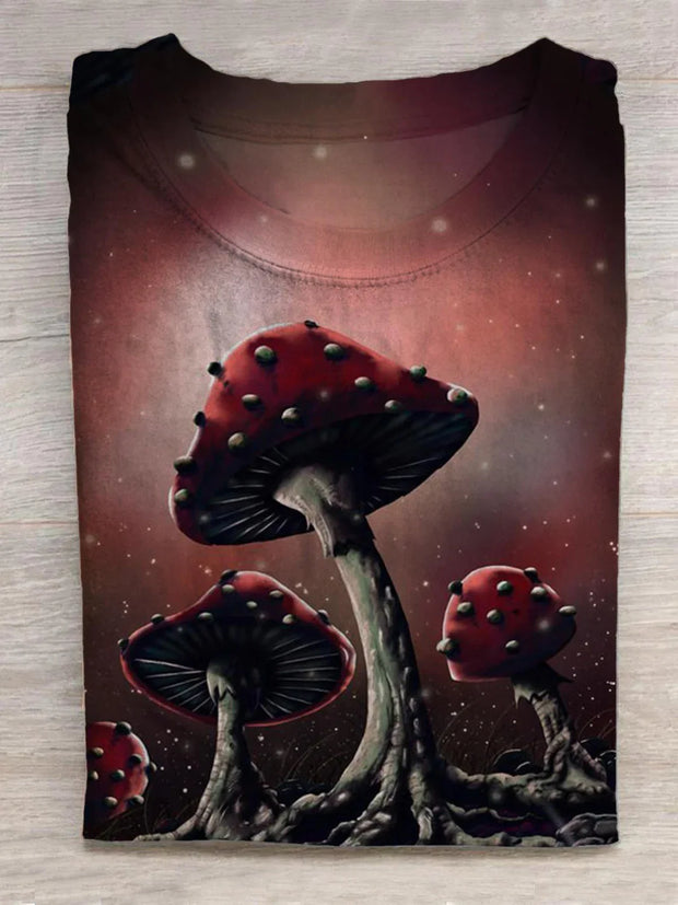 Mushroom Print Round Neck Short Sleeve Men's T-Shirt