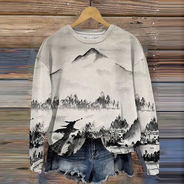 Ink Landscape And Forest Print Crew Neck Sweatshirt