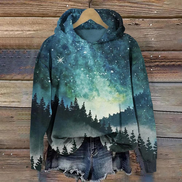 Starry Sky And Forest Silhouette Print Hoodie