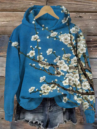 Women's Retro White Plum Blossom Print Art Hooded Sweatshirt