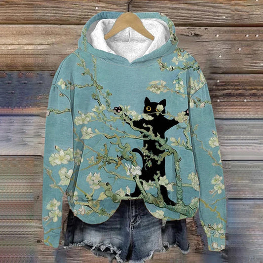 Van Gogh Almond Blossom Still Life Black Cat Print Hoodie