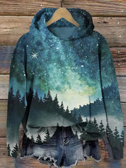 Starry Sky And Forest Silhouette Print Hoodie