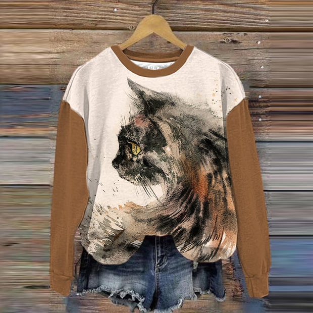 Cat Print Patchwork Sleeve Casual Sweatshirt