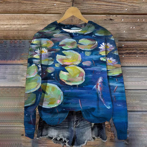 Women's Water Lily Koi Fish Pond Oil Painting Printed Sweatshirt