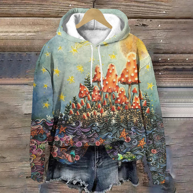 Vintage Forest Mushrooms Star Printed Long Sleeve Hoodie