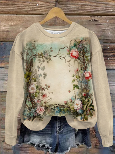 Women's Retro Floral Print Round Neck Sweatshirt