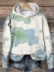 Women's Japan Ink Flower Art Print Vintage Long Sleeve Hoodie