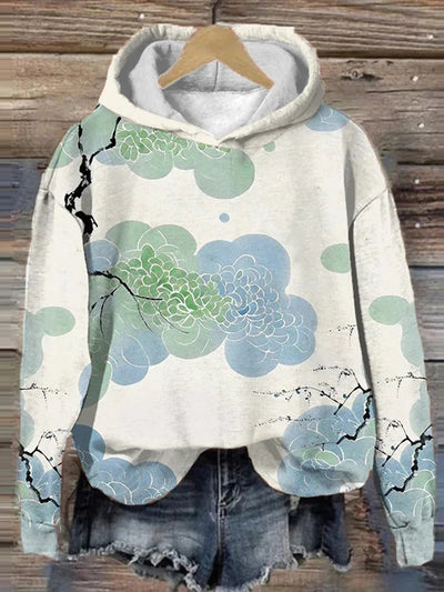 Women's Japan Ink Flower Art Print Vintage Long Sleeve Hoodie