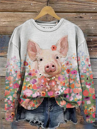 Lovely Pig Floral Painting Comfy Sweatshirt