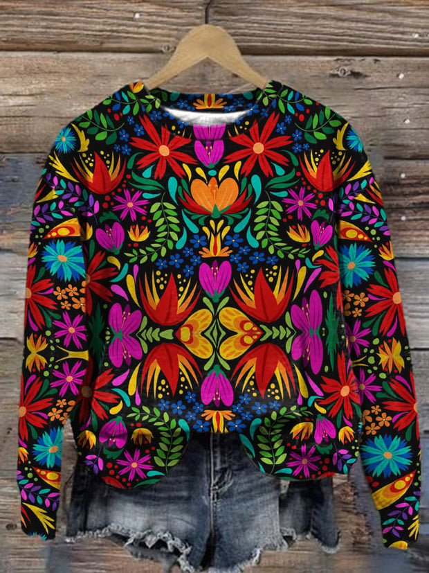 Women's Hispanic Heritage Month Flowers Print Casual Long Sleeve Sweatshirt