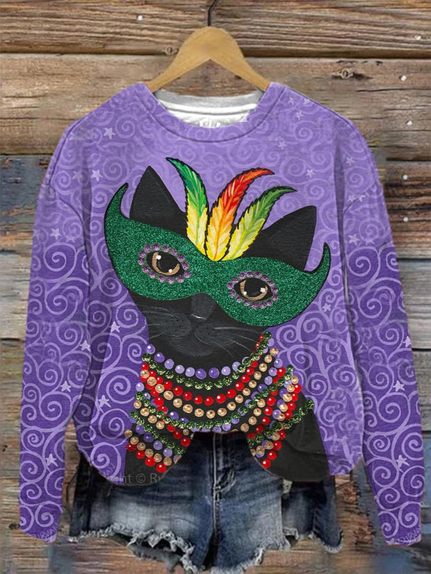 Women's Mardi Gras Cat Print Sweatshirt