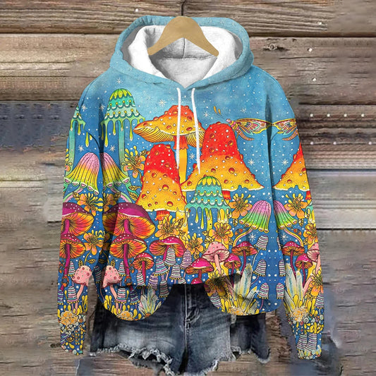 Cute Forest Mushrooms Painting Printed Long Sleeve Hoodie