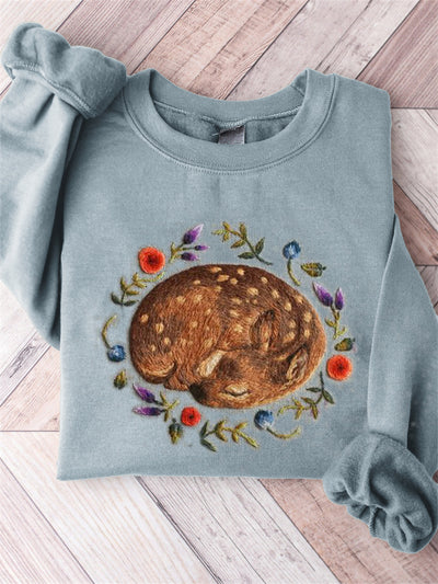 Sleeping Deer Floral Embroidery Art Comfy Sweatshirt