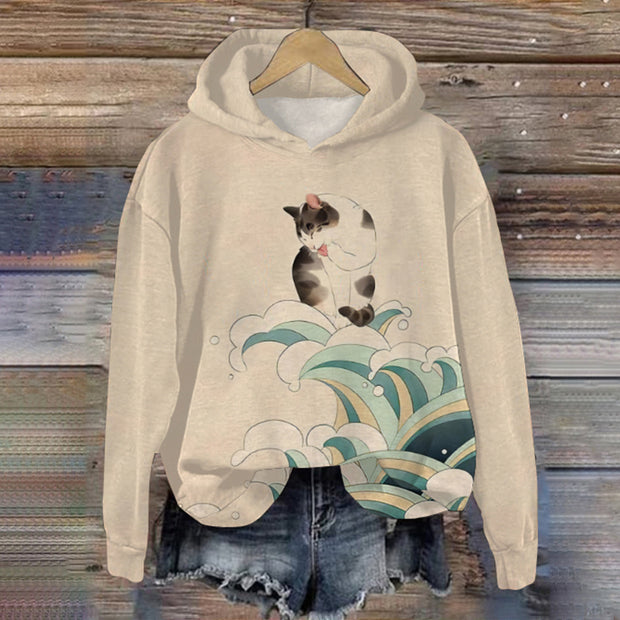 Women's Cat And Sea Wave Print Casual Interest Sweatshirt