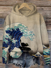 Vintage Cat Print Casual Hoodie