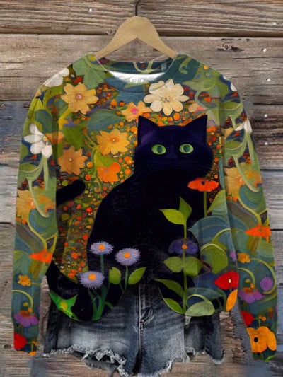 Women's Flower Cat Art Print Round Neck Sweatshirt