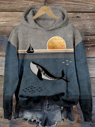 Whale & Boat Art Graphic Vintage Comfy Hoodie