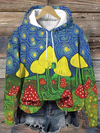 Moonlight Star Forest Mushrooms Painting Printed Long Sleeve Hoodie