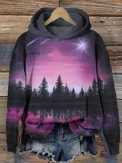 Meteor Shower And Forest Silhouette Print Hoodie