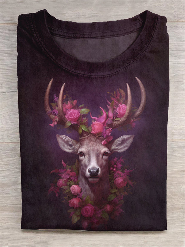 Flower and Deer Art Illustration Print Crew Neck Short Sleeve T-Shirt