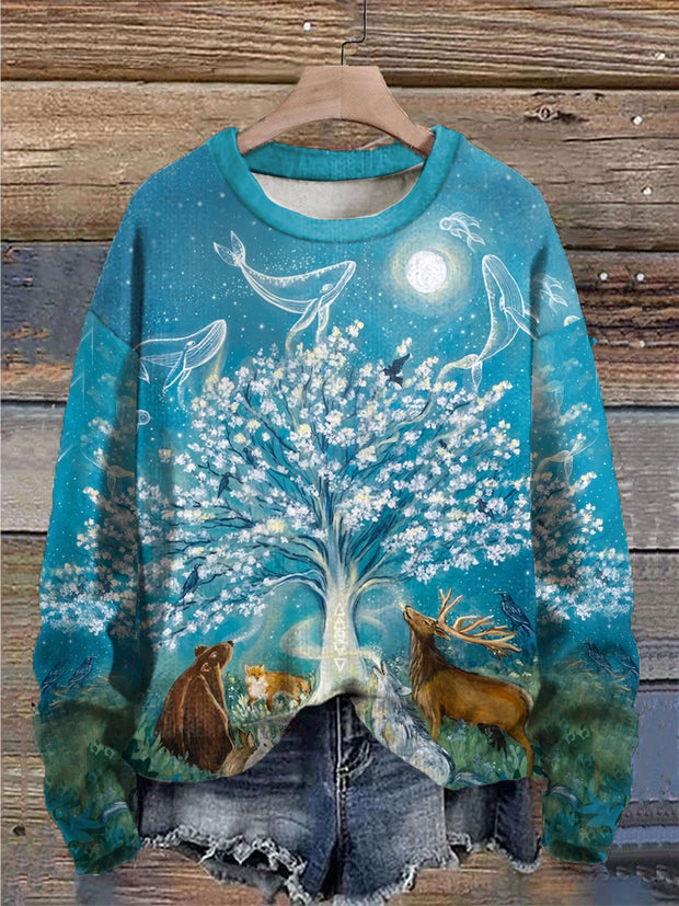 Women's Retro Tree of Life Spiritual Oil Art Print Casual Sweatshirt
