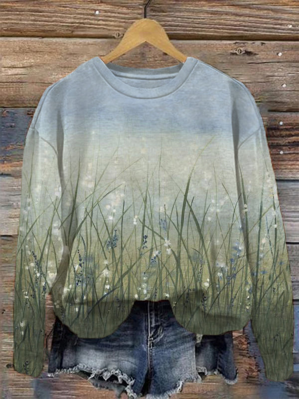 Women's Ombre White Small Flower Grassland Art Print Casual Sweatshirt