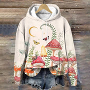 Retro Vintage Forest Mushrooms Printed Long Sleeve Hoodie