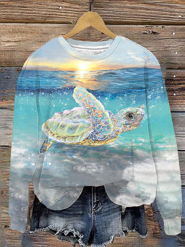 Sea Turtle Print Casual Sweatshirt